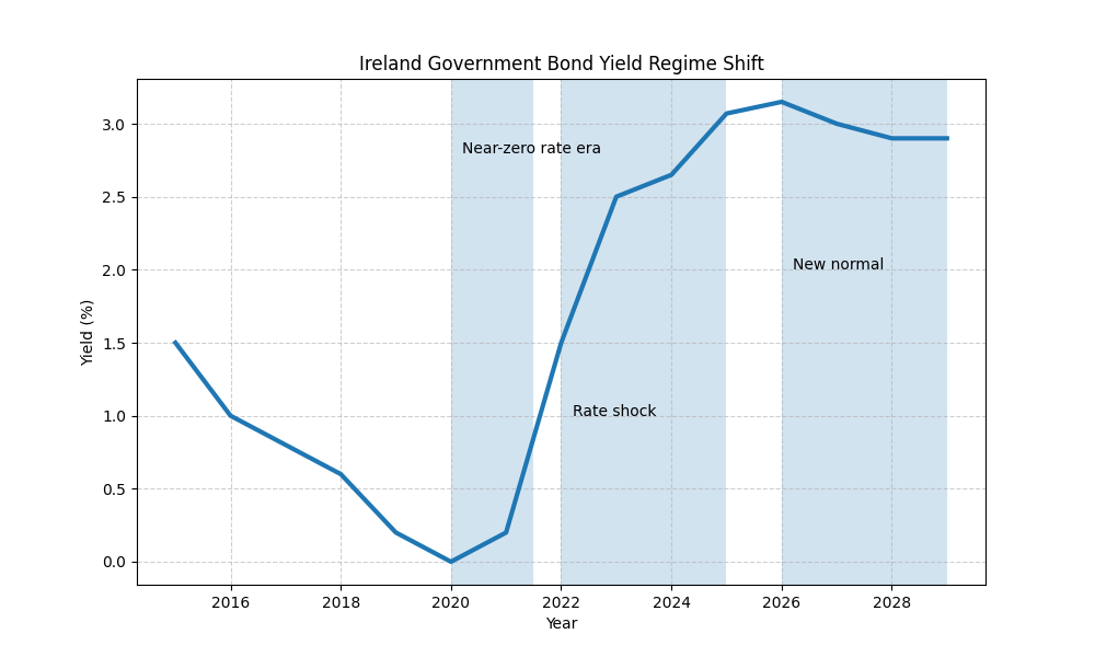 Ireland Government Bond Yield Regime Shift (2015-2028): Yields fell from ~1.5% to near-zero by 2020, then surged to ~3.2% by 2025-2026 during the &ldquo;rate shock&rdquo; period, establishing a &ldquo;new normal&rdquo; around 2.9-3.0%—representing a 3-4x increase in refinancing costs for debt rolled over from the near-zero era